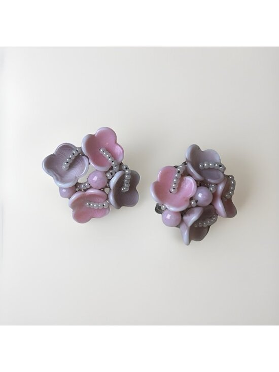 Miriam Haskell Jewelry - miriam haskell earrings pink Purple flower shell Clip on Vintage Flowers Floral